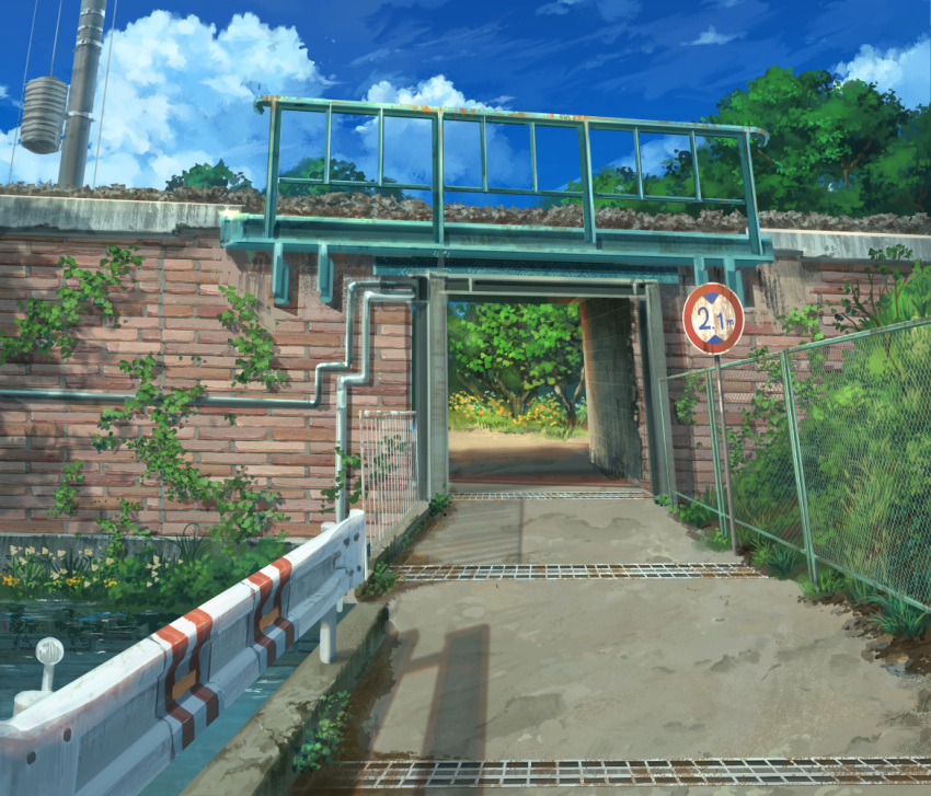 blue_sky canal chain-link_fence clouds day drainpipe fence flower grass no_humans original outdoors pippi_(pixiv_1922055) plant railing road scenery sign sky sunlight telephone_pole transformer tree water