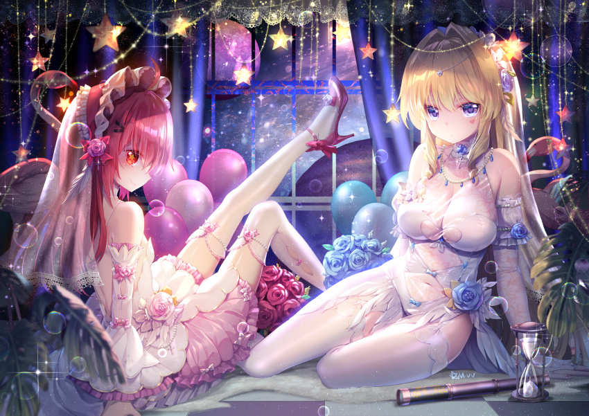 2girls ahoge arm_support backless_dress backless_outfit balloon bangs bare_shoulders bird blonde_hair blue_flower blue_rose blurry blush bonnet bow breasts bridal_gauntlets bubble checkered checkered_floor cleavage closed_mouth cross curtains delores_(mvv) depth_of_field detached_sleeves dress expressionless eyebrows_visible_through_hair facial_mark flamingo flower frilled_skirt frills full_moon hair_between_eyes hair_flower hair_intakes hair_ornament head_chain heart heart-shaped_pupils high_heels highres hourglass jewelry knee_up lace lace_trim large_breasts leg_up leotard long_hair long_sleeves looking_at_viewer moon multiple_girls mvv navel necklace night on_floor original pearl_(gemstone) pearl_necklace pendant pink_flower pink_footwear pink_rose profile red_eyes red_flower red_footwear red_rose redhead ring rose see-through shoe_flower shoes signature sitting skirt sleeves_past_wrists smile sparkle star star-shaped_pupils star_(sky) strappy_heels symbol-shaped_pupils telescope thigh-highs veil violet_eyes vivian_(mvv) wedding_dress white_dress white_legwear white_leotard white_sleeves wide_sleeves window yokozuwari