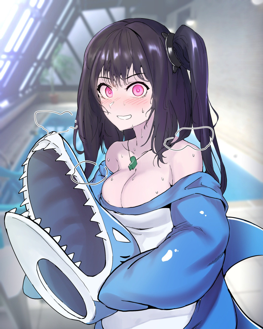 1girl absurdres architect_(girls_frontline) bangs black_hair blush breasts collarbone eyebrows_visible_through_hair gagrim girls_frontline grin hair_between_eyes highres long_hair looking_at_viewer medium_breasts pale_skin pink_eyes poolside rei_no_pool sangvis_ferri shark_costume side_ponytail sidelocks smile solo sweat very_long_hair whistle whistle_around_neck