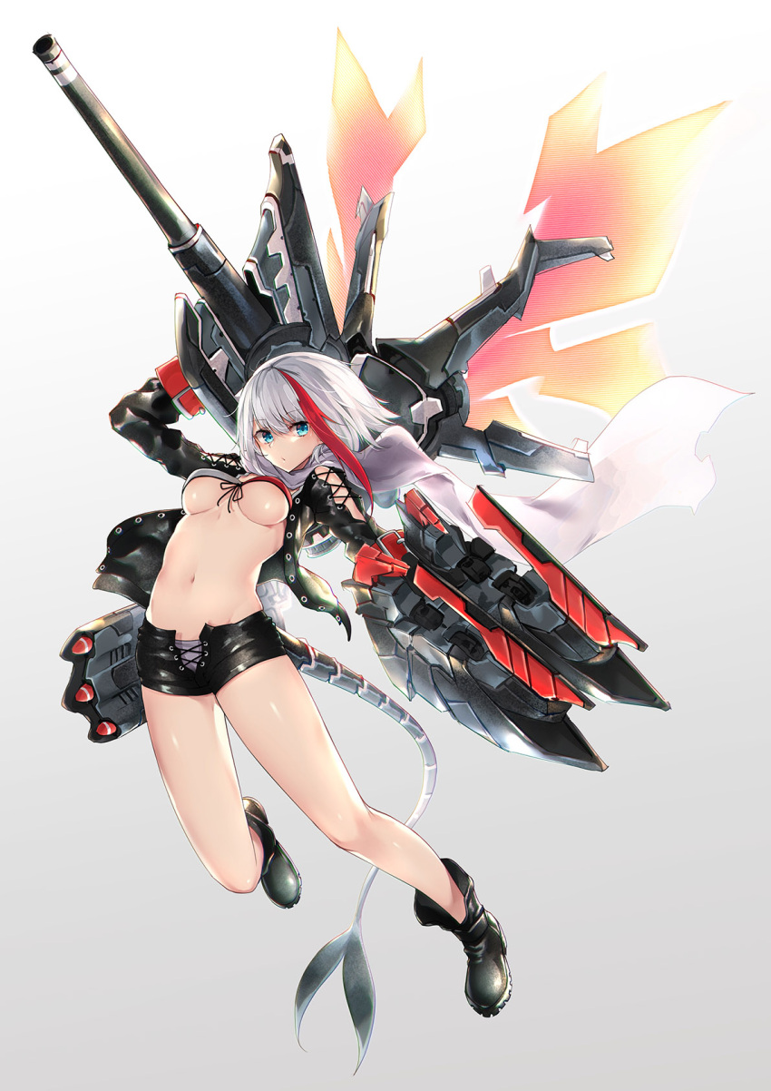 1girl admiral_graf_spee_(azur_lane) arm_up azur_lane bangs bikini_top black_footwear black_jacket black_shorts blue_eyes blush boots breasts capelet closed_mouth commentary_request eyebrows_visible_through_hair front-tie_bikini front-tie_top gradient gradient_background grey_background hair_between_eyes highres holding holding_weapon huge_weapon jacket long_hair long_sleeves looking_at_viewer medium_breasts multicolored_hair navel open_clothes open_jacket oshishio redhead short_shorts shorts silver_hair solo streaked_hair under_boob weapon white_background white_capelet