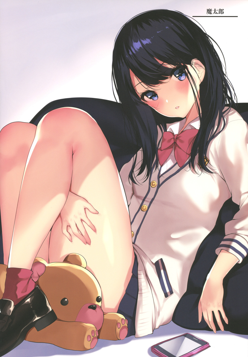 1girl absurdres artist_name bangs black_hair blue_eyes blush bow cellphone eyebrows_visible_through_hair gradient gradient_background highres jacket lips loafers looking_at_viewer matarou_(genkai_toppa) parted_lips phone pillow pleated_skirt red_legwear scan shiny shiny_skin shoes simple_background siting skirt socks solo ssss.gridman stuffed_animal stuffed_toy takarada_rikka teddy_bear