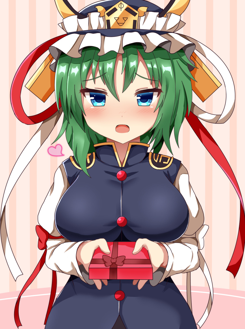 1girl arm_ribbon arms_up bangs blue_eyes blue_vest blush box breasts commentary_request epaulettes gift gift_box green_hair guard_bento_atsushi hat hat_ribbon heart high_collar highres holding holding_box large_breasts long_sleeves looking_at_viewer open_mouth parted_bangs pink_background ribbon shiki_eiki shirt short_hair solo striped striped_background tareme touhou upper_body valentine vest white_shirt