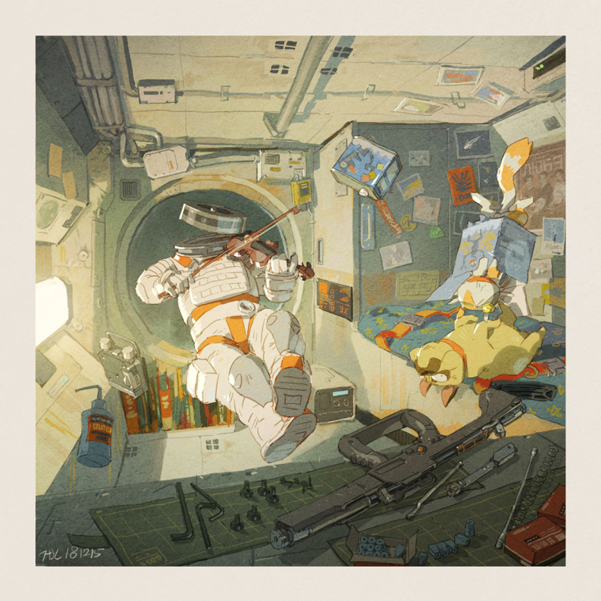 allen_wrench book bottle broken can cat commentary_request dog facing_viewer gun hjl instrument mecha music no_humans original picture_(object) playing_instrument pump spacecraft_interior spacesuit spring_(object) violin weapon