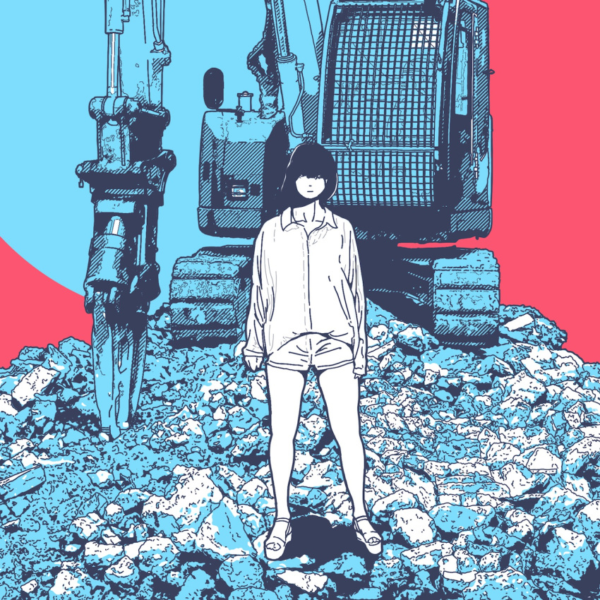 1girl collarbone collared_shirt explosion full_body ground_vehicle highres hironoshousei limited_palette long_sleeves machine original rubble sandals shirt shorts solo standing white_shirt white_shorts