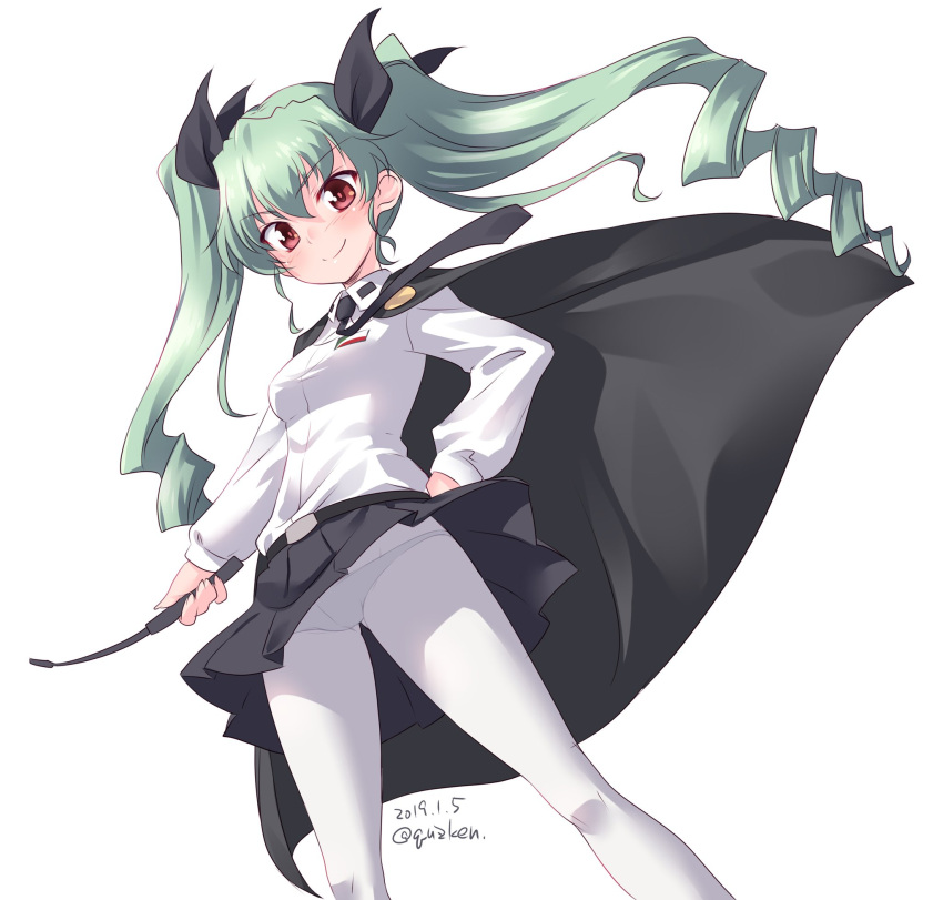 1girl anchovy anzio_school_uniform bangs belt black_belt black_cape black_neckwear black_ribbon black_skirt cape closed_mouth commentary dated dress_shirt drill_hair emblem eyebrows_visible_through_hair girls_und_panzer gluteal_fold green_hair hair_ribbon hand_on_hip highres holding kuzuryuu_kennosuke light_blush long_hair long_sleeves looking_at_viewer looking_down lowleg lowleg_panties miniskirt necktie panties panties_under_pantyhose pantyhose pleated_skirt red_eyes ribbon riding_crop school_uniform shirt simple_background skirt skirt_lift smile solo standing twin_drills twintails twitter_username underwear white_background white_legwear white_shirt wind wind_lift