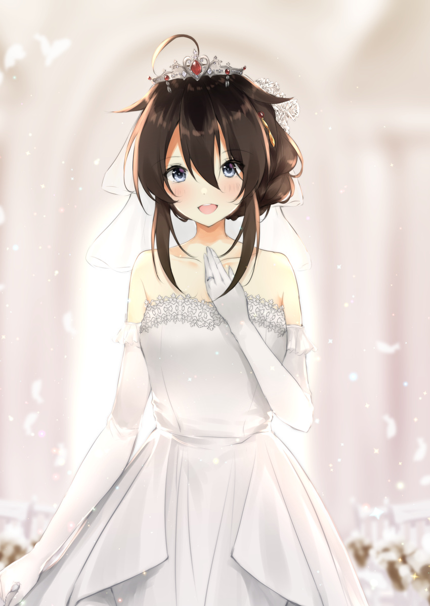 1girl absurdres ahoge bangs blue_eyes bride brown_hair church commentary_request dress elbow_gloves feathers full_body gloves hair_between_eyes hair_flaps hair_up hand_up highres indoors jewelry kantai_collection light_particles long_hair ring shigure_(kantai_collection) sidelocks smile solo strapless strapless_dress tiara uzuki_tsukuyo wedding_band wedding_dress white_dress white_gloves