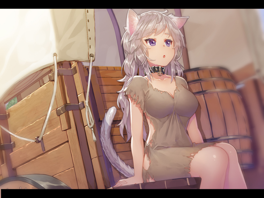 1girl :o animal_ears arms_at_sides bangs barrel blush breasts cat_ears cat_girl cat_tail cleavage collar collarbone colored_eyelashes commentary_request covered_navel covered_wagon crate day dress eyebrows_visible_through_hair feet_out_of_frame grey_dress grey_hair highres kibanda_gohan letterboxed long_hair looking_away medium_breasts open_mouth original outdoors short_sleeves sitting solo tail torn_clothes torn_dress violet_eyes wagon