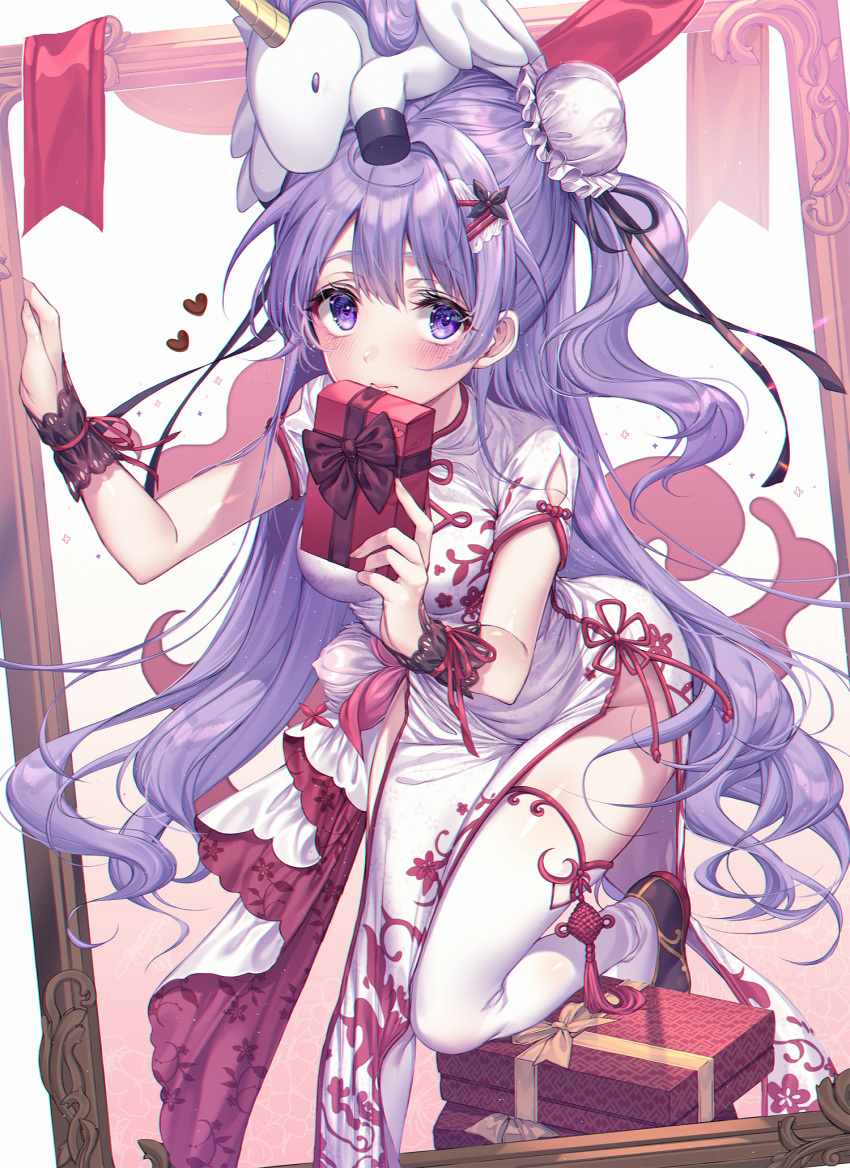 1girl azur_lane bangs black_ribbon blush box breasts brown_footwear bun_cover china_dress chinese_clothes closed_mouth commentary_request dress eyebrows_visible_through_hair fingernails gift gift_box hair_between_eyes hair_bun hands_up heart highres holding holding_gift kinty long_hair looking_at_viewer medium_breasts on_head one_side_up pelvic_curtain picture_frame purple_hair ribbon shoes short_sleeves side_bun solo stuffed_alicorn stuffed_animal stuffed_toy thigh-highs unicorn_(azur_lane) valentine very_long_hair violet_eyes white_dress white_legwear