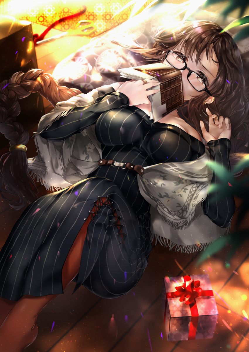 1girl absurdres bangs bare_shoulders black_dress blush book box braid breasts brown_eyes brown_hair commentary_request consort_yu_(fate) covering_mouth dress fate/grand_order fate_(series) gift gift_box glasses hane_yuki highres huge_filesize large_breasts legs_up long_hair long_sleeves looking_at_viewer low-tied_long_hair lying on_back open_book revision ribbed_dress shawl solo sun sunlight valentine very_long_hair