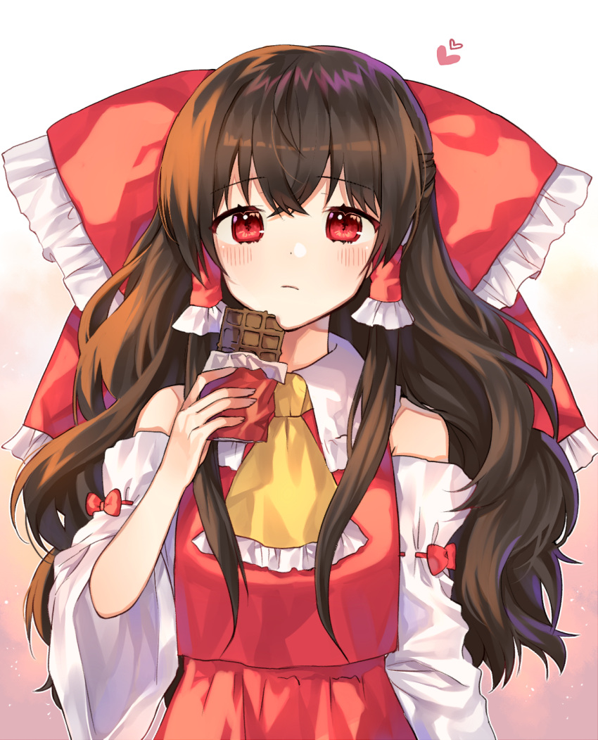 1girl ascot bare_shoulders blush bow brown_hair cheunes chocolate_bar closed_mouth collared_shirt commentary detached_sleeves food frilled_bow frills hair_bow hair_tubes hakurei_reimu hand_up heart highres holding holding_food long_hair long_sleeves looking_at_viewer red_bow red_eyes red_skirt red_vest shirt skirt skirt_set solo standing touhou upper_body valentine vest wide_sleeves yellow_neckwear