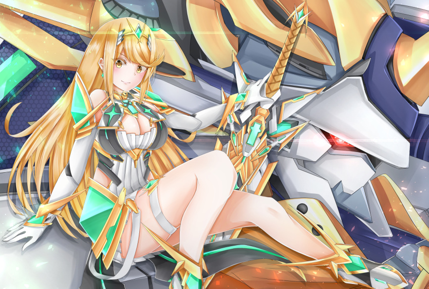 1girl bangs bare_shoulders blonde_hair breasts cleavage commentary dress earrings elbow_gloves gem gloves hair_ornament headpiece highres mythra_(xenoblade) jewelry large_breasts long_hair looking_at_viewer nintendo robot sarasadou_dan smile solo swept_bangs tiara very_long_hair white_dress xenoblade_(series) xenoblade_2 yellow_eyes