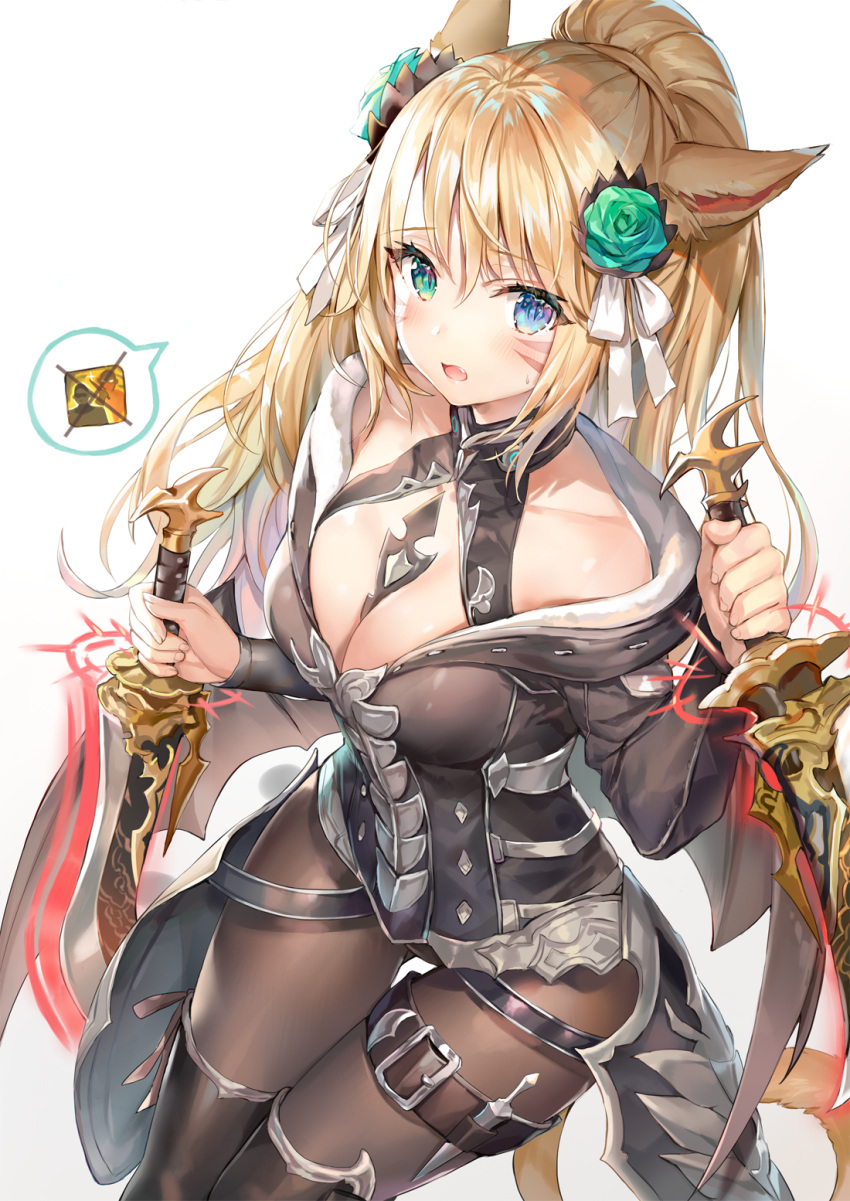 1girl :o animal_ears bare_shoulders black_coat black_footwear blonde_hair blue_eyes boots breasts brown_legwear cleavage collarbone commentary_request criss-cross_halter dagger dual_wielding facial_mark final_fantasy final_fantasy_xiv flower green_eyes green_flower hair_flower hair_ornament hair_ribbon halterneck hand_up heterochromia highres holding holding_sword holding_weapon leg_belt long_hair long_sleeves looking_at_viewer medium_breasts miqo'te momoko_(momopoco) off_shoulder open_mouth pantyhose ponytail reverse_grip ribbon rose short_sword simple_background solo speech_bubble sweatdrop sword tail thigh-highs thigh_boots weapon white_background white_ribbon