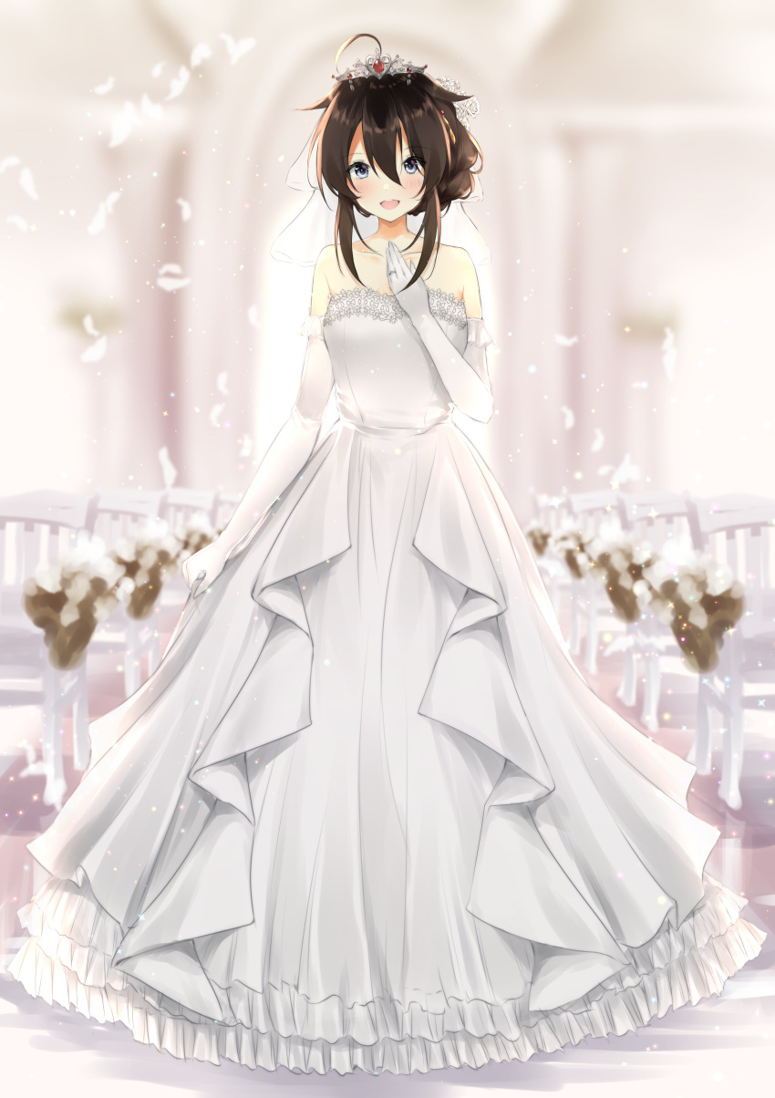 1girl absurdres ahoge bangs blue_eyes bride brown_hair church commentary_request dress elbow_gloves feathers full_body gloves hair_between_eyes hair_flaps hair_up hand_up highres indoors jewelry kantai_collection light_particles long_hair ring shigure_(kantai_collection) sidelocks smile solo strapless strapless_dress tiara uzuki_tsukuyo wedding_band wedding_dress white_dress white_gloves