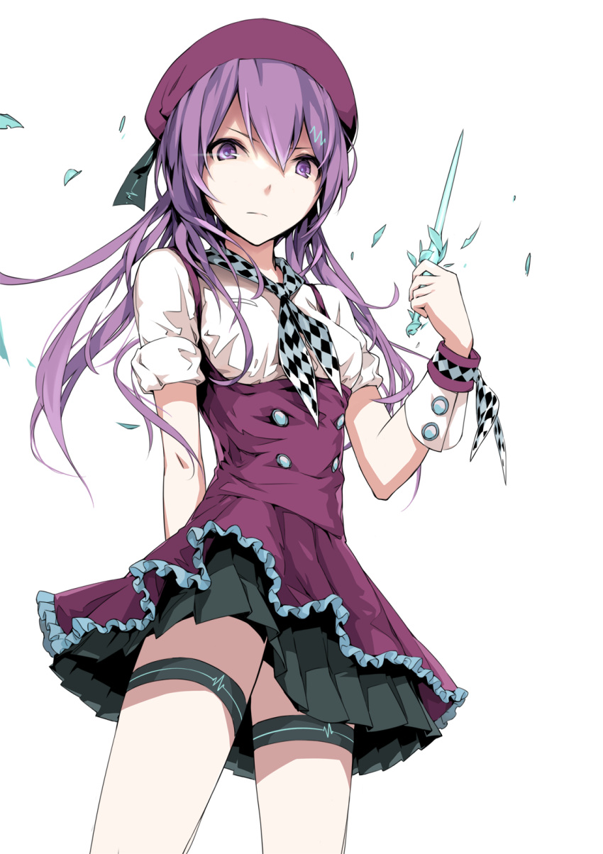 1girl beret checkered checkered_neckwear chinese_commentary commentary dagger from_below hat high-waist_skirt highres holding holding_dagger holding_weapon leg_garter long_hair looking_at_viewer neckerchief purple_hair short_sleeves skirt solo suspender_skirt suspenders twintails violet_eyes vocaloid weapon white_background wrist_cuffs xie_yizhen xin_hua