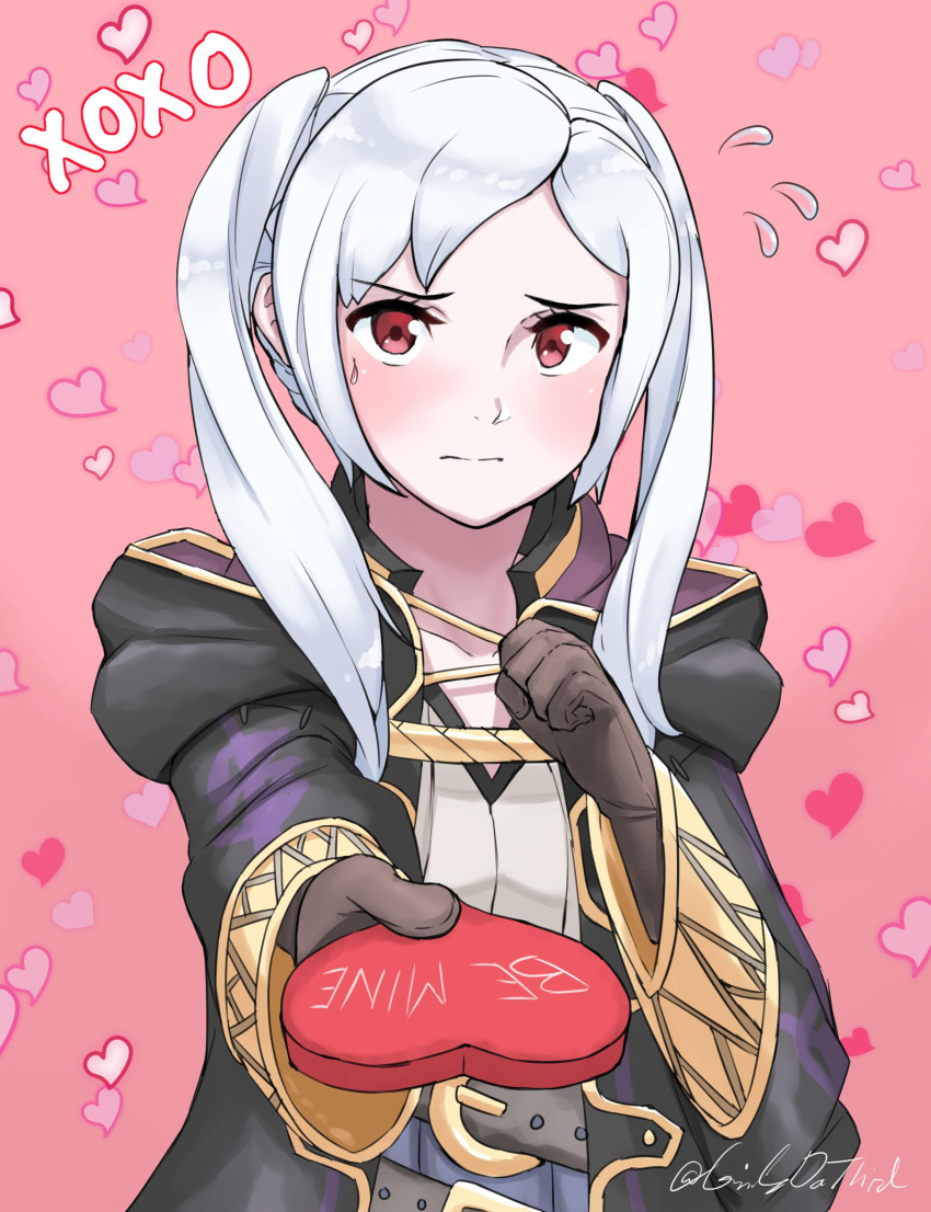 1girl blush cape choclate dark_persona embarrassed female_my_unit_(fire_emblem:_kakusei) fire_emblem fire_emblem:_kakusei fire_emblem_heroes gimurei gloves grimmelsdathird heart highres hood intelligent_systems long_hair looking_at_viewer my_unit_(fire_emblem:_kakusei) nintendo red_eyes robe simple_background solo super_smash_bros. twintails valentine white_hair