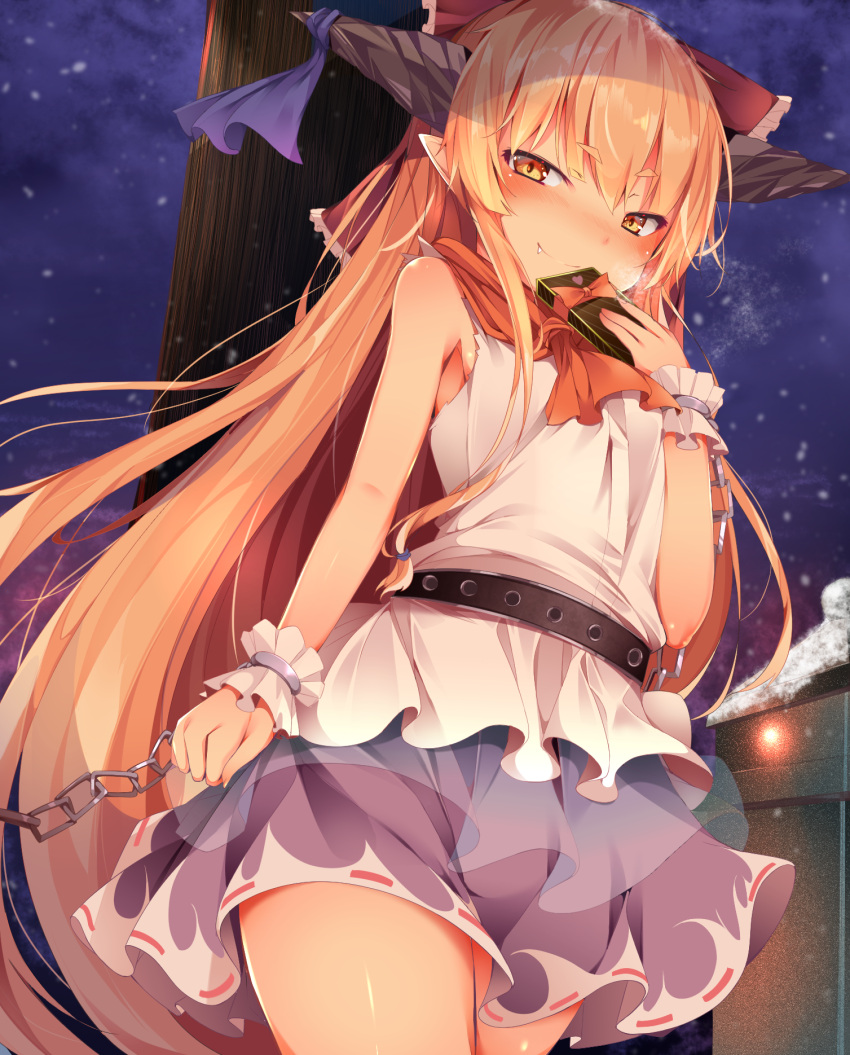 1girl ascot bangs bare_arms bare_shoulders belt black_belt blush bow box buta_(uhoiiotoko) chains commentary_request cowgirl_position cuffs eyebrows_visible_through_hair fang_out frilled_bow frills hair_between_eyes hair_bow highres holding holding_box horn_ribbon horns ibuki_suika long_hair looking_at_viewer miniskirt night night_sky oni oni_horns orange_eyes orange_hair outdoors purple_ribbon purple_skirt red_bow red_neckwear ribbon shackles shirt sidelocks skirt sky sleeveless sleeveless_shirt smile snowing solo standing straddling thick_eyebrows thighs touhou very_long_hair white_shirt wrist_cuffs