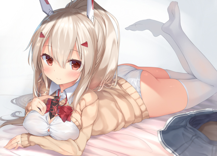 1girl ass ayanami_(azur_lane) azur_lane bangs bed_sheet between_breasts black_skirt box breasts brown_cardigan cardigan cleavage collared_shirt commentary_request dress_shirt eyebrows_visible_through_hair fingernails fujieda_uzuki gift gift_box hair_between_eyes hair_ornament hairclip headgear high_ponytail legs_up light_brown_hair long_hair long_sleeves lying no_shoes on_stomach panties pleated_skirt ponytail red_eyes shirt sidelocks skirt skirt_removed sleeves_past_wrists soles solo thigh-highs underwear very_long_hair white_legwear white_panties white_shirt