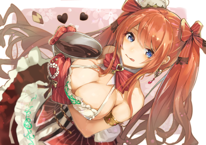 1girl armband bangs bare_shoulders blue_eyes blush bow bowl breasts chains character_request chocolate chocolate_heart cleavage closed_mouth collarbone commentary_request cookie cruel_gz dress eyebrows_visible_through_hair food frills hair_between_eyes hat heart holding large_breasts long_hair looking_at_viewer mini_hat orange_hair oven_mitts red_bow red_ribbon ribbon sennen_sensou_aigis solo standing tongue tongue_out twintails very_long_hair yellow_ribbon