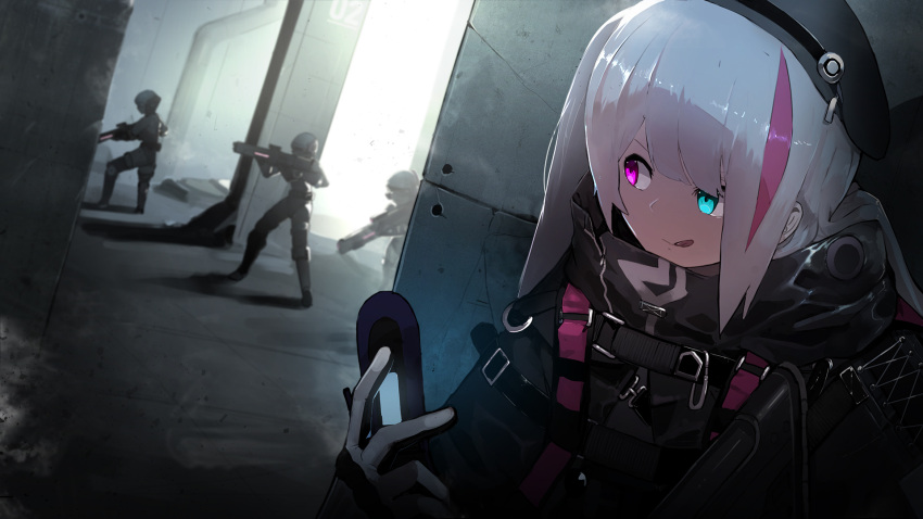 4girls antennae bangs beret black_gloves black_hat blue_eyes bullet_hole desert_tech_mdr girls_frontline gloves goblina grey_hair gun hat heterochromia hiding highres load_bearing_vest long_hair looking_to_the_side mdr_(girls_frontline) multicolored_hair multiple_girls pink_eyes pink_hair rifle sangvis_ferri side_ponytail sidelocks smile strap streaked_hair tactical_clothes tongue tongue_out vespid_(girls_frontline) weapon zipper