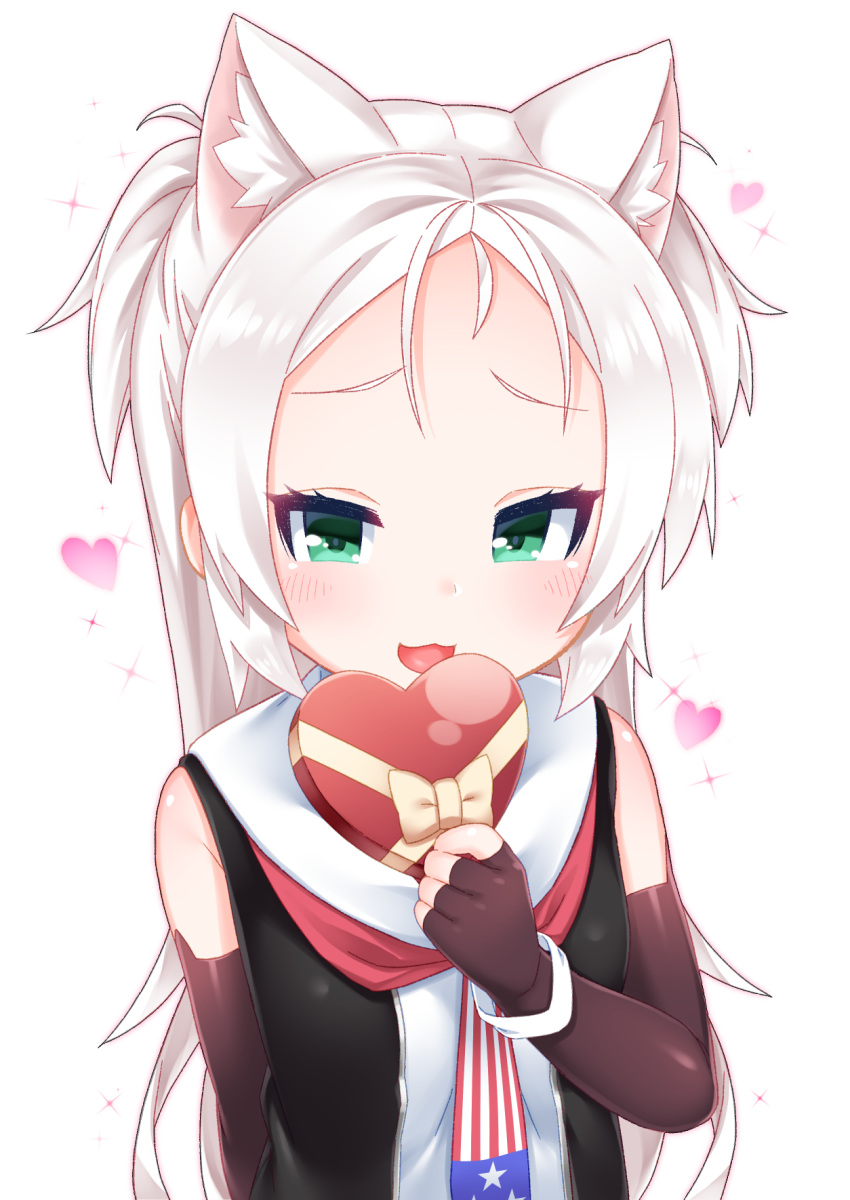 1girl :3 :d american_flag american_flag_print animal_ear_fluff animal_ears azur_lane bangs bare_shoulders black_shirt blush box brown_gloves cat_ears commentary_request elbow_gloves fingerless_gloves flag_print forehead gift gift_box gloves green_eyes heart heart-shaped_box highres holding holding_gift kirisame_mia long_hair open_mouth parted_bangs print_neckwear shirt sidelocks simple_background sims_(azur_lane) sleeveless sleeveless_shirt smile solo sparkle upper_body valentine very_long_hair white_background white_hair