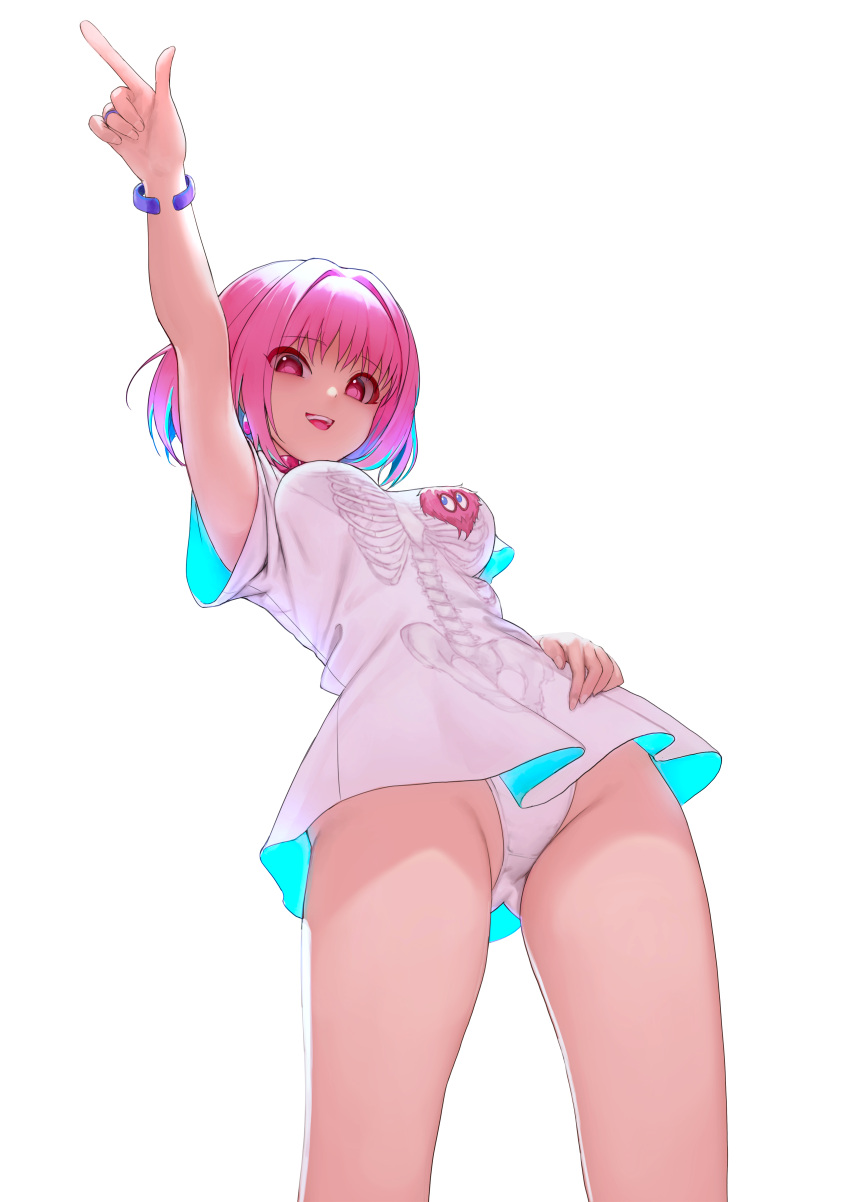 1girl absurdres arm_up blue_hair breasts egk513 eyebrows_visible_through_hair hand_on_hip highres idolmaster idolmaster_cinderella_girls index_finger_raised looking_at_viewer medium_breasts multicolored_hair open_mouth panties pink_eyes pink_hair shirt short_hair simple_background smile solo standing t-shirt teeth two-tone_hair underwear white_background white_panties yumemi_riamu