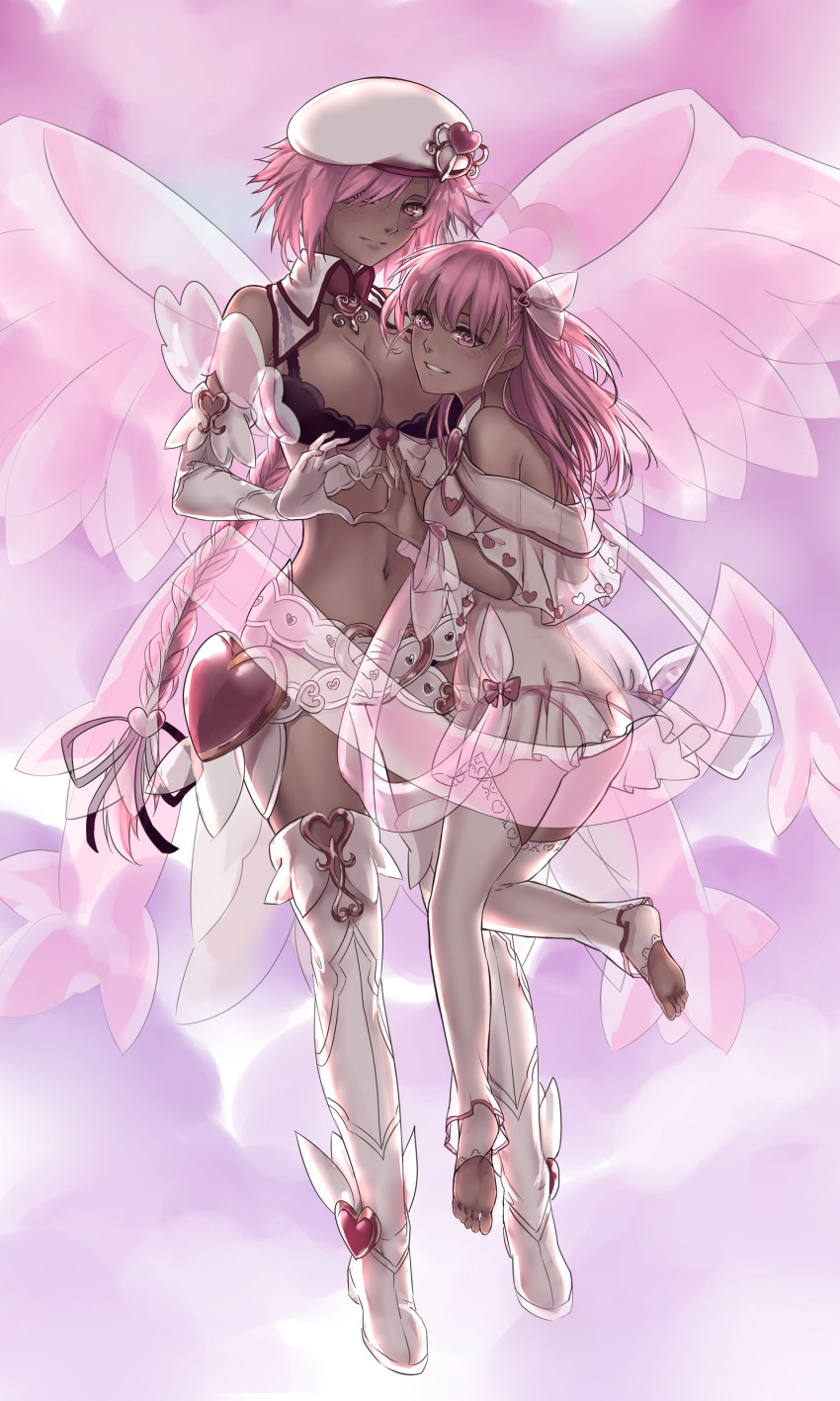 2girls absurdres bare_shoulders belt beret black_ribbon boots braid breasts cleavage commentary cupid_(monster_girl_encyclopedia) dark_skin elbow_gloves english_commentary full_body gloves hair_over_one_eye hair_ribbon halo hat heart heart-shaped_pupils heart_hands heart_hands_duo heart_pattern highres houri_(monster_girl_encyclopedia) large_breasts lingerie long_braid long_hair looking_at_viewer medium_breasts monster_girl_encyclopedia multiple_girls navel negligee panties parted_lips pink_eyes pink_hair ribbon see-through smile stomach symbol-shaped_pupils thigh-highs thigh_boots toeless_legwear two_side_up underwear very_long_hair white_footwear white_gloves white_legwear zakirsiz