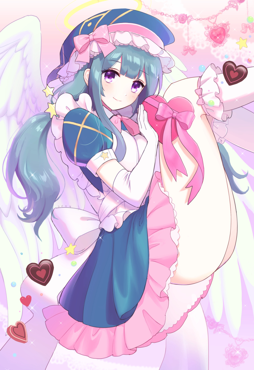 1girl absurdres angel_wings ass blue_hair blue_hat blue_skirt blush bow breasts elbow_gloves feet_out_of_frame gloves hair_ornament hat hat_bow heart highres kkokko kneehighs legs_up long_hair looking_at_viewer monster_strike pink_background pink_bow puffy_sleeves raphael_(monster_strike) sitting skirt smile solo star star_hair_ornament valentine very_long_hair violet_eyes white_gloves white_legwear white_wings wings