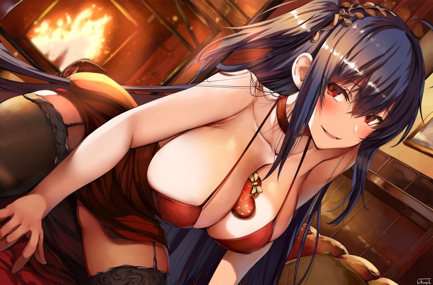1girl ahoge azur_lane bangs bare_shoulders between_breasts black_hair black_legwear blush box breasts choker cleavage cocktail_dress collarbone dress fireplace gift gift_box hair_between_eyes hair_ornament heart-shaped_box highres huge_breasts indoors kneeling lolicept long_hair looking_at_viewer one_side_up parted_lips red_choker red_dress red_eyes smile solo taihou_(azur_lane) thigh-highs thighs tied_hair very_long_hair