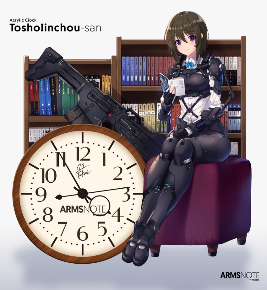 1girl arms_note artist_name blouse blue_bow book bookshelf bow brown_hair character_name clock commentary_request copyright_name exoskeleton fukai_ryousuke gun highres holding holding_book looking_at_viewer ottoman rifle signature sitting smile solo tosho_iinchou_(fukai_ryousuke) violet_eyes weapon white_blouse