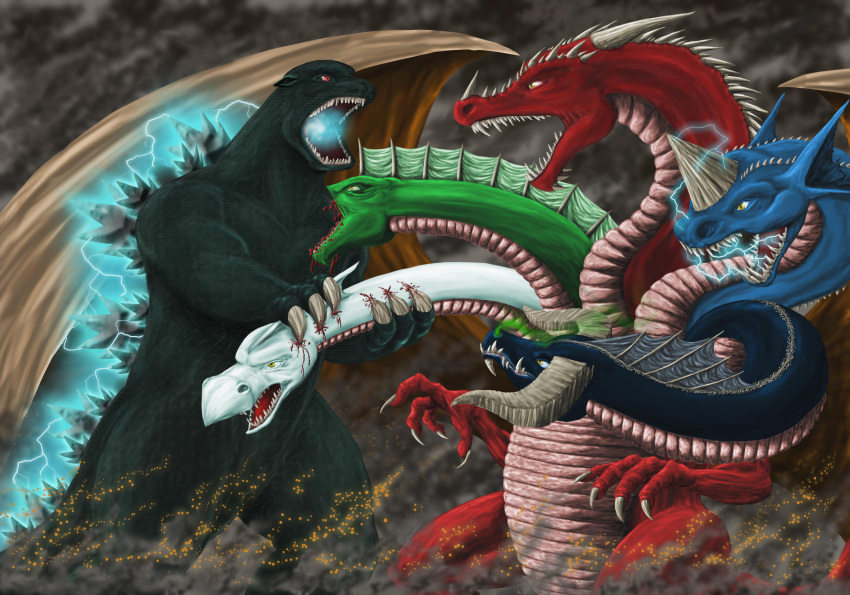 andrewdefelice animal_ears battle biting blood character_request claws clouds cloudy_sky crossover dragon dungeons_and_dragons electricity fighting glowing godzilla godzilla_(series) highres horn horns kaijuu large_wings monster multiple_heads no_humans open_mouth orange_eyes red_scales scales sharp_teeth sky smoke tail teeth tiamat_(dungeons_and_dragons) western_dragon wings yellow_eyes