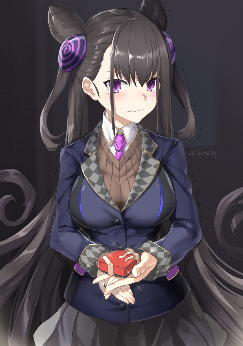 1girl absurdres bangs blazer blue_jacket box brown_hair closed_mouth collared_shirt eyebrows_visible_through_hair fate/grand_order fate_(series) fingernails gift gift_box grey_skirt hair_between_eyes highres holding holding_gift jacket long_hair long_sleeves looking_at_viewer murasaki_shikibu_(fate) necktie pink_neckwear pleated_skirt shirt skirt sleeves_past_wrists solo sweater_vest tears trembling twitter_username tyone very_long_hair violet_eyes wavy_mouth white_shirt