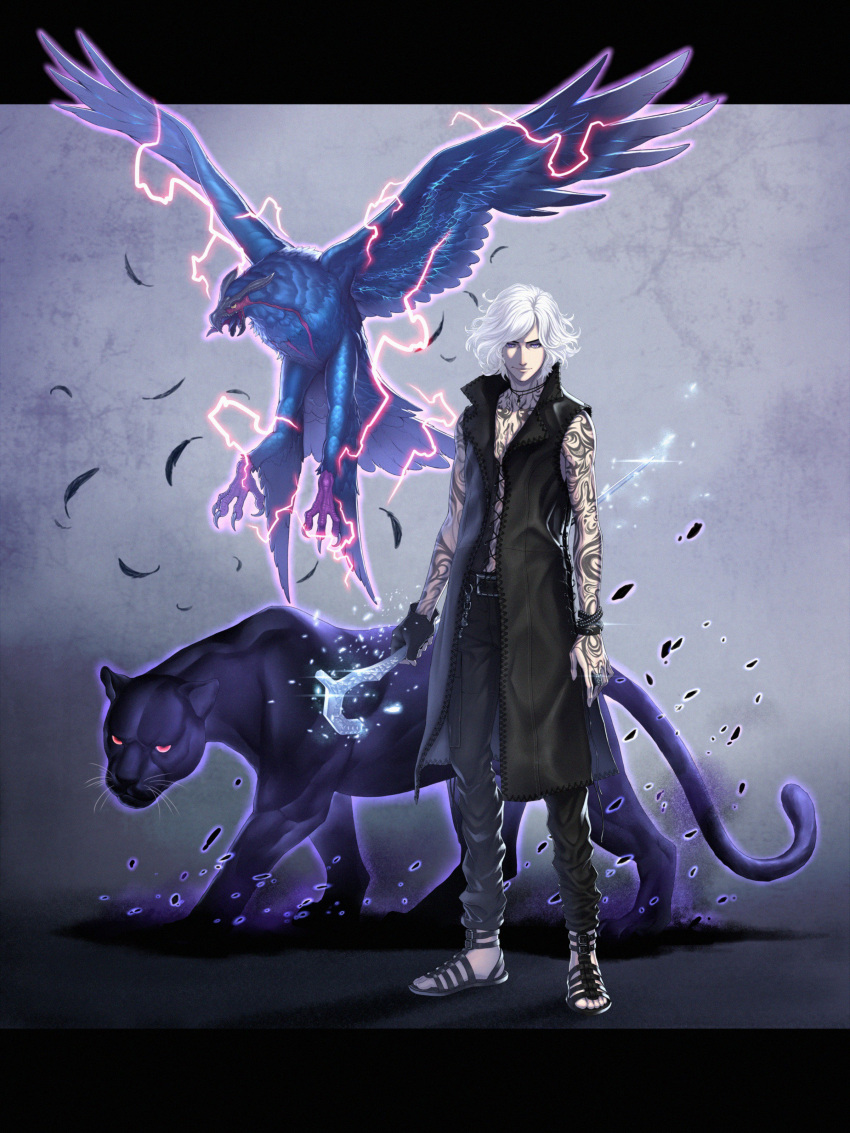 1boy absurdres animal arm_tattoo beak belt belt_buckle bird bite_addict black_coat black_feathers black_fur black_gloves black_pants blue_feathers bracelet buckle cane cat chains closed_mouth coat devil_may_cry devil_may_cry_5 electricity extra extra_eyes extra_tongue falling_feathers feathers fingerless_gloves flying full_body full_body_tattoo gloves glowing hand_tattoo highres holding holding_cane jewelry lens_flare necklace no_shirt panther pants pocket red_eyes ring sandals short_hair smile standing talons tattoo tongue tongue_out v_(devil_may_cry) violet_eyes walking whiskers white_hair wings yellow_eyes