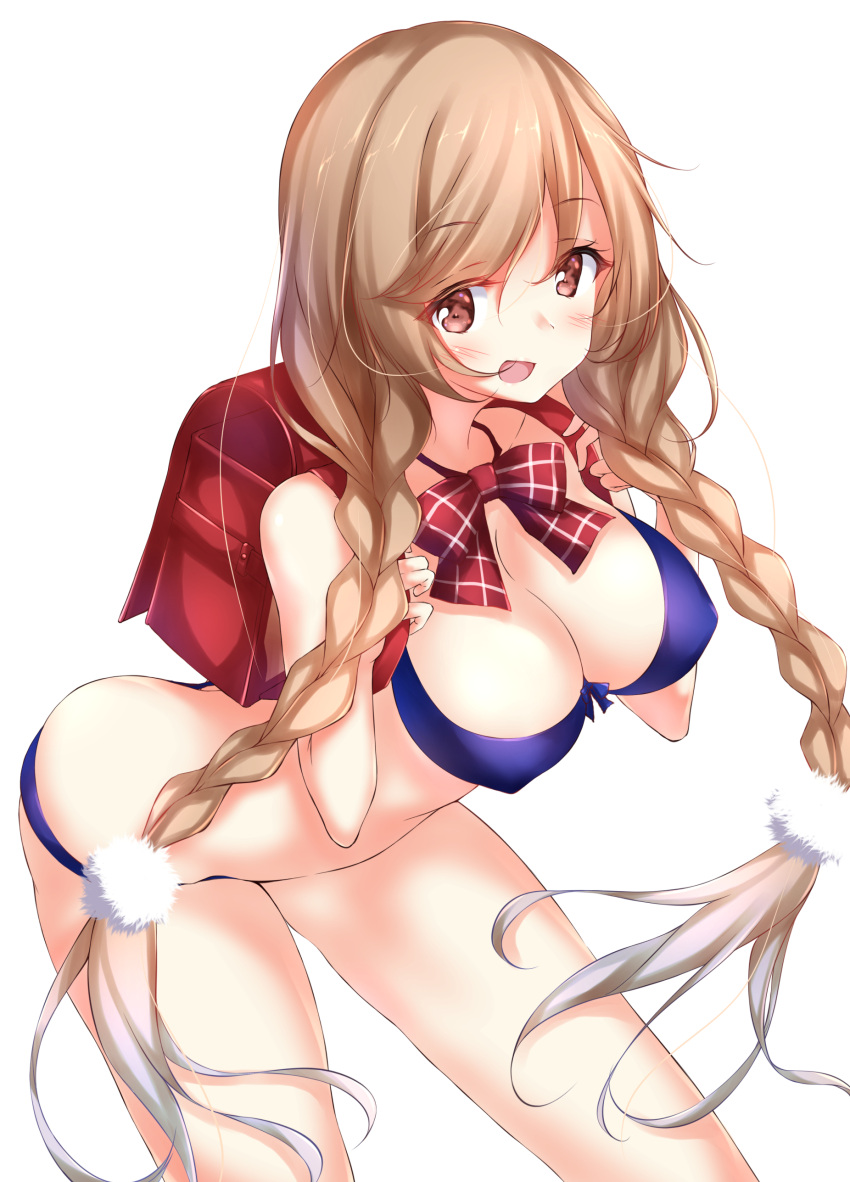 1girl absurdres alternate_costume backpack bag bikini blue_bikini blush braid breasts brown_eyes cloud_hair_ornament eyebrows_visible_through_hair gradient_hair hair_between_eyes highres kantai_collection large_breasts light_brown_hair long_hair minegumo_(kantai_collection) multicolored_hair numpopo open_mouth randoseru school_bag solo swimsuit twin_braids underwear