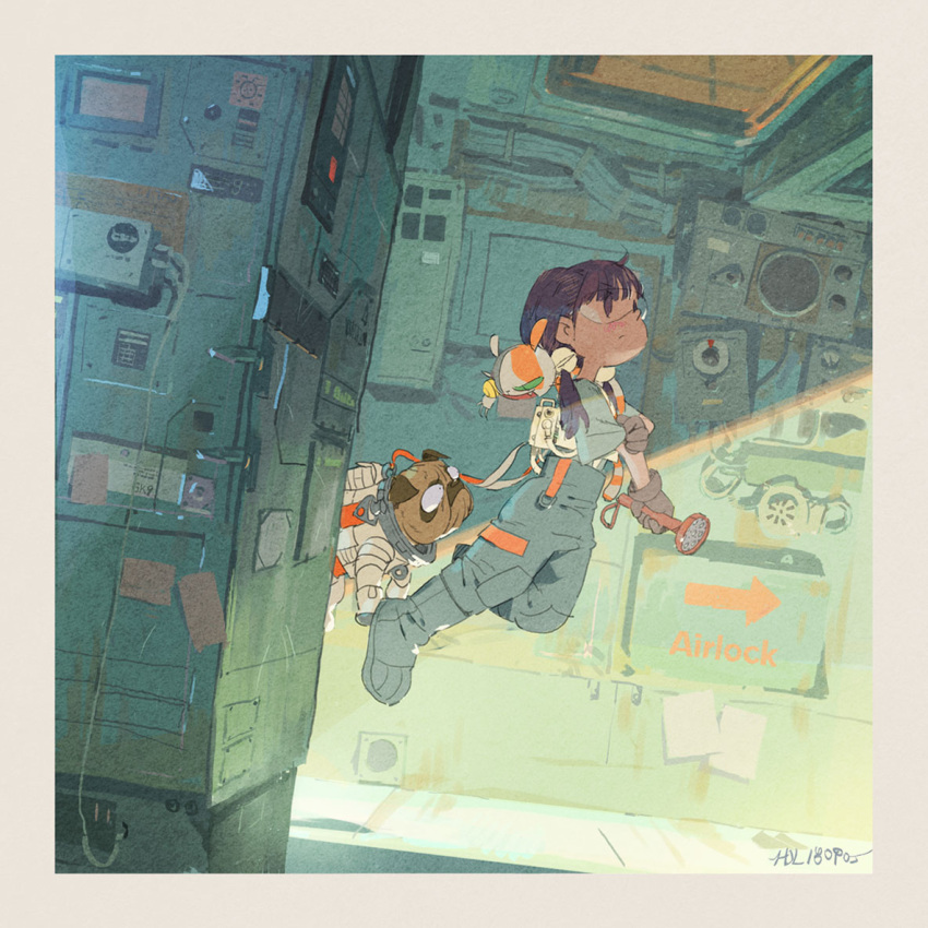 1girl boots brown_hair commentary dog english_commentary glasses goggles grey_footwear grey_pants hjl holding long_hair low_twintails mecha no_headwear no_helmet original pants serious solo spacecraft_interior spacesuit suspenders twintails v-shaped_eyebrows