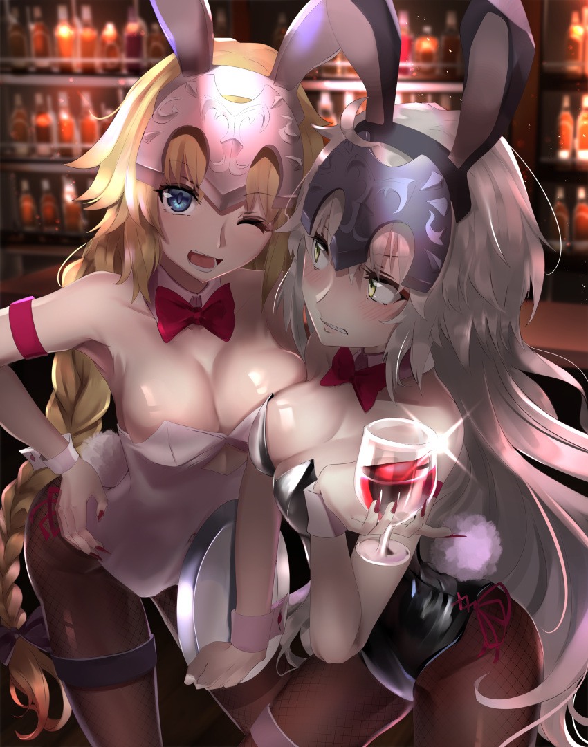 2girls absurdres animal_ears armband black_leotard blonde_hair blue_eyes bow bowtie braid breasts brown_legwear bunny_girl bunny_tail bunnysuit cleavage cowboy_shot cup detached_collar detached_cuffs drinking_glass fate/apocrypha fate/grand_order fate_(series) fishnet_pantyhose fishnets headpiece highres huge_filesize jeanne_d'arc_(alter)_(fate) jeanne_d'arc_(fate) jeanne_d'arc_(fate)_(all) large_breasts leaning_forward leotard long_braid multiple_girls nakasaku-p no_bra no_panties pantyhose rabbit_ears red_armband red_neckwear silver_hair single_braid strapless strapless_leotard tail white_leotard wine_glass wrist_cuffs yellow_eyes