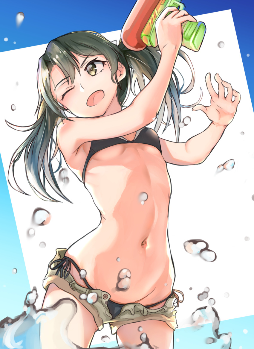1girl ;d alternate_costume armpits arms_up bare_legs bare_shoulders bikini black_bikini black_ribbon breasts brown_shorts commentary_request cowboy_shot eyebrows_visible_through_hair green_eyes green_hair highres holding holding_water_gun kabayaki_namazu kantai_collection long_hair looking_away looking_to_the_side navel one_eye_closed open_clothes open_fly open_mouth open_shorts ribbon short_shorts shorts side-tie_bikini small_breasts smile solo splashing stomach swimsuit twintails under_boob v-shaped_eyebrows water_drop water_gun zuikaku_(kantai_collection)