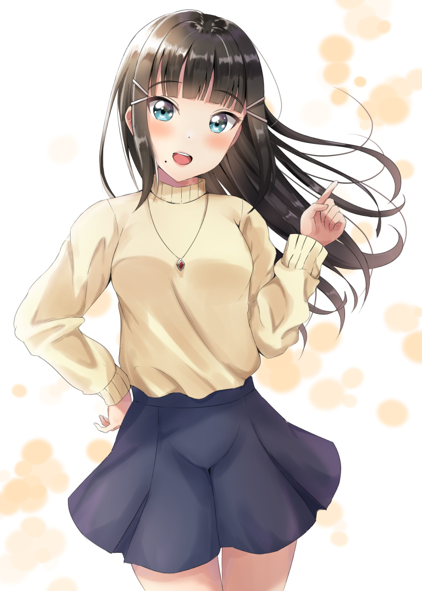 1girl :d bangs blue_eyes blue_skirt blunt_bangs blush breasts brown_hair brown_sweater commentary_request eyebrows_visible_through_hair hair_ornament hairclip hand_on_hip hand_up highres index_finger_raised jewelry kurosawa_dia long_hair long_sleeves looking_at_viewer love_live! love_live!_sunshine!! mole open_mouth pendant pleated_skirt round_teeth sin_(sin52y) skirt small_breasts smile solo sweater teeth upper_teeth very_long_hair white_background