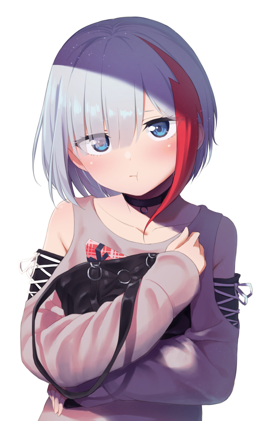 1girl :t admiral_graf_spee_(azur_lane) azur_lane bag bangs black_choker blue_eyes blush brown_sweater choker closed_mouth collarbone commentary_request eyebrows_visible_through_hair eyes_visible_through_hair hair_over_one_eye handbag head_tilt highres long_sleeves mashimaru_(muzikluva) multicolored_hair o-ring object_hug pout redhead silver_hair simple_background sleeves_past_wrists solo streaked_hair sweater upper_body white_background