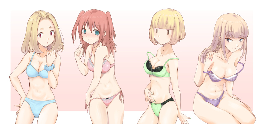 &gt;:) 4girls :o absurdres blonde_hair blue_bra blue_panties blush bra breasts cleavage collarbone cowboy_shot forehead gradient gradient_background green_bra green_panties hand_on_own_stomach highres hikaru_(ofuton_at5) holding holding_hair katou_asuka lace lace-trimmed_bra lace-trimmed_panties long_hair medium_breasts medium_hair multiple_girls navel nemoto_hina okada_akane panties pink_background pink_bra pink_panties purple_bra purple_panties redhead short_hair side-tie_panties sweatdrop thick_eyebrows two_side_up uchi_emiri underwear underwear_only untied untied_panties v-shaped_eyebrows watashi_ga_motenai_no_wa_dou_kangaetemo_omaera_ga_warui!