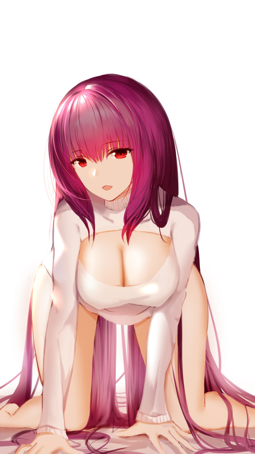 1girl absurdres all_fours breasts cleavage commentary_request erect_nipples eyebrows_visible_through_hair fate/grand_order fate_(series) hair_intakes higandgk highres large_breasts long_hair long_sleeves looking_at_viewer meme_attire open-chest_sweater open_mouth pole_dance purple_hair red_eyes scathach_(fate)_(all) scathach_(fate/grand_order) simple_background sweater very_long_hair white_background