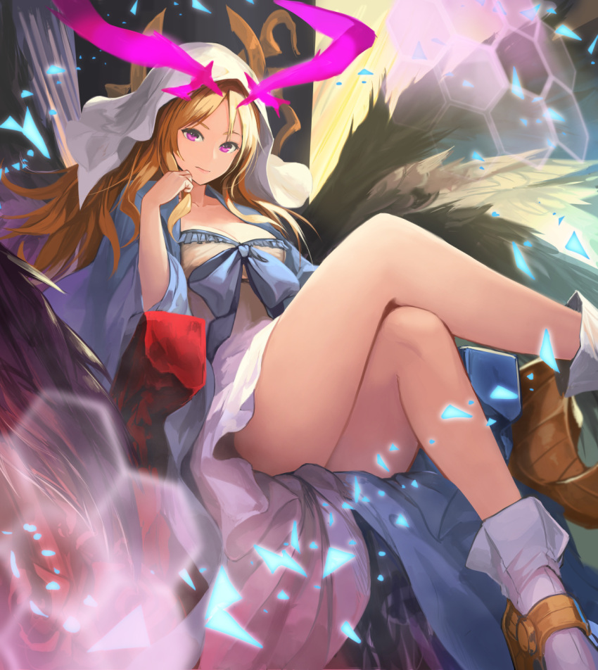 1girl akira0171 black_wings blue_bow bow breasts brown_hair cleavage clenched_hand dress foot_out_of_frame hand_up highres legs_crossed looking_at_viewer medium_breasts sitting solo violet_eyes wings