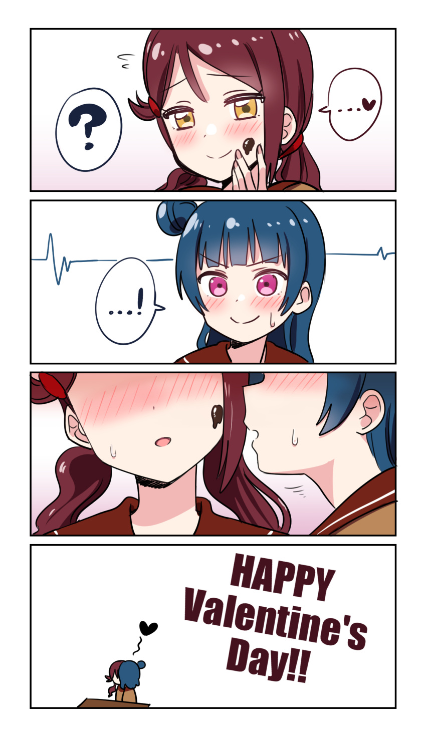! &gt;:) 2girls 4koma ? absurdres bangs blue_hair blush cardiogram chocolate comic deadnooodles english_text flying_sweatdrops food food_on_face hair_ornament hairclip hand_on_own_face happy_valentine head_out_of_frame heart highres imminent_kiss kiss long_hair love_live! love_live!_sunshine!! multiple_girls open_mouth redhead sakurauchi_riko side_bun smile spoken_exclamation_mark spoken_heart spoken_question_mark sweatdrop tsushima_yoshiko twintails valentine violet_eyes yellow_eyes yuri