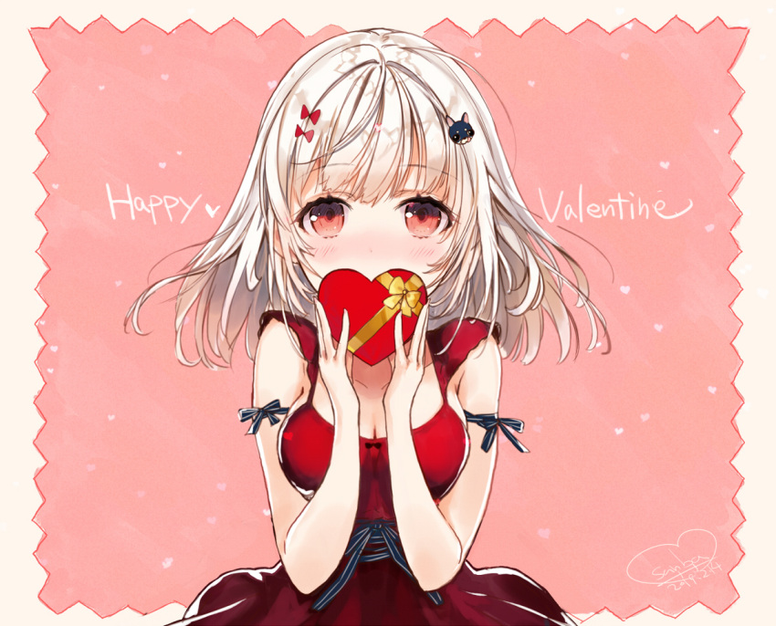 1girl bare_shoulders blue_ribbon blush box breasts cleavage collarbone commentary_request covering_mouth dress floating_hair hair_ornament hands_up happy_valentine heart heart-shaped_box holding holding_box long_hair looking_at_viewer medium_breasts original red_dress red_eyes ribbon sanbasou signature sleeveless sleeveless_dress solo upper_body valentine white_hair yellow_ribbon