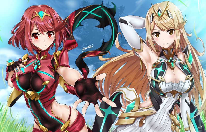 2girls absurdres armpits arms_up ass_visible_through_thighs bare_shoulders blonde_hair breasts brown_eyes cleavage elbow_gloves fingerless_gloves gloves highres mythra_(xenoblade) pyra_(xenoblade) looking_at_viewer multiple_girls nez-kun nintendo outstretched_hand reaching_out red_eyes redhead short_hair short_shorts shorts smile thigh-highs thigh_strap tiara xenoblade_(series) xenoblade_2
