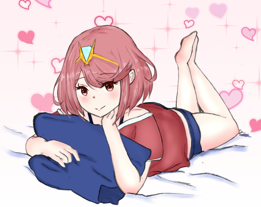 1girl bangs bed blush casual gem hair_ornament headpiece heart highres pyra_(xenoblade) looking_at_viewer mxsoundtube nintendo pose redhead shirt short_hair shorts shy smile solo swept_bangs tiara valentine xenoblade_(series) xenoblade_2