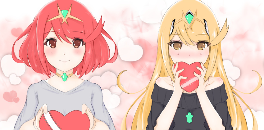 2girls absurdres bangs bare_shoulders black_shirt blonde_hair blush breasts casual casual_suit eyebrows_visible_through_hair gem grey_shirt hair_ornament headpiece heart highres jewelry large_breasts long_hair looking_at_viewer mxsoundtube mythra_(xenoblade) nintendo pyra_(xenoblade) red_eyes redhead shirt short_hair shy simple_background smile solo swept_bangs tiara valentine very_long_hair white_background xenoblade_(series) xenoblade_2 yellow_eyes