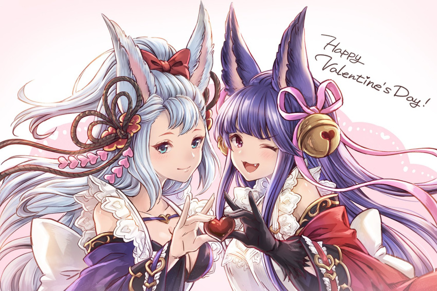 2girls alternate_costume animal_ears apron bell black_hair blue_eyes blush_stickers breasts chocolate cleavage detached_sleeves erune fang fang_out gloves granblue_fantasy hair_ribbon heart long_hair multiple_girls official_art one_eye_closed pink_hair ribbon silver_hair smile socie_(granblue_fantasy) wide_sleeves yuel_(granblue_fantasy)