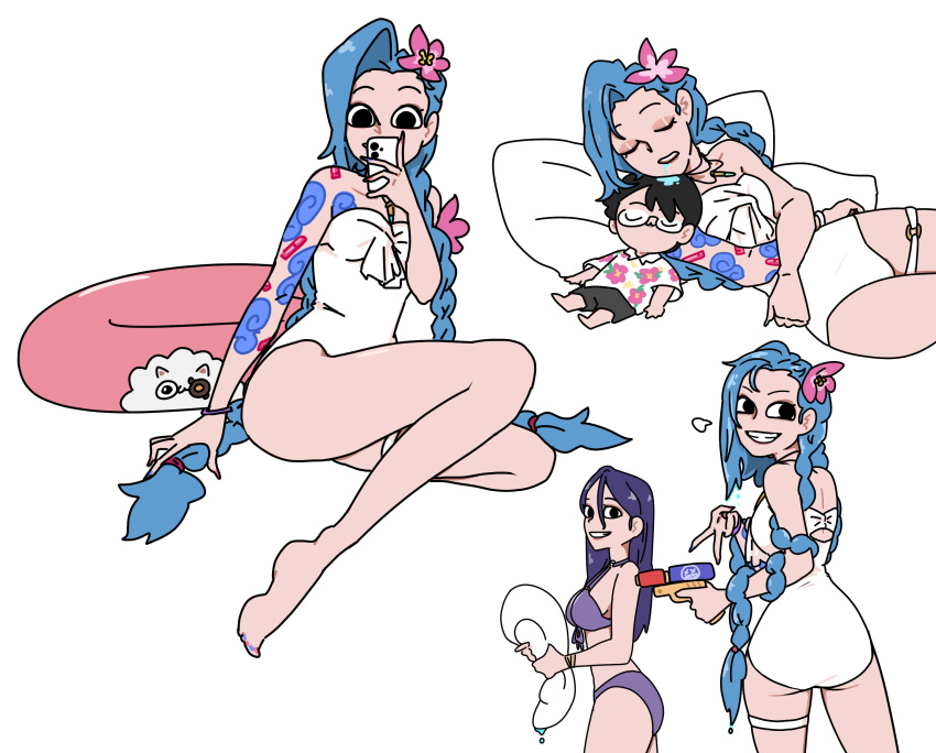 absurdres arcane:_league_of_legends artist_name ass bangs bare_shoulders bikini blue_hair braid breasts flat_chest highres jinx_(league_of_legends) league_of_legends long_hair looking_at_viewer one-piece_swimsuit open_mouth pink_eyes selfie small_breasts smile swimsuit tattoo teeth twin_braids twintails very_long_hair vi_(league_of_legends)