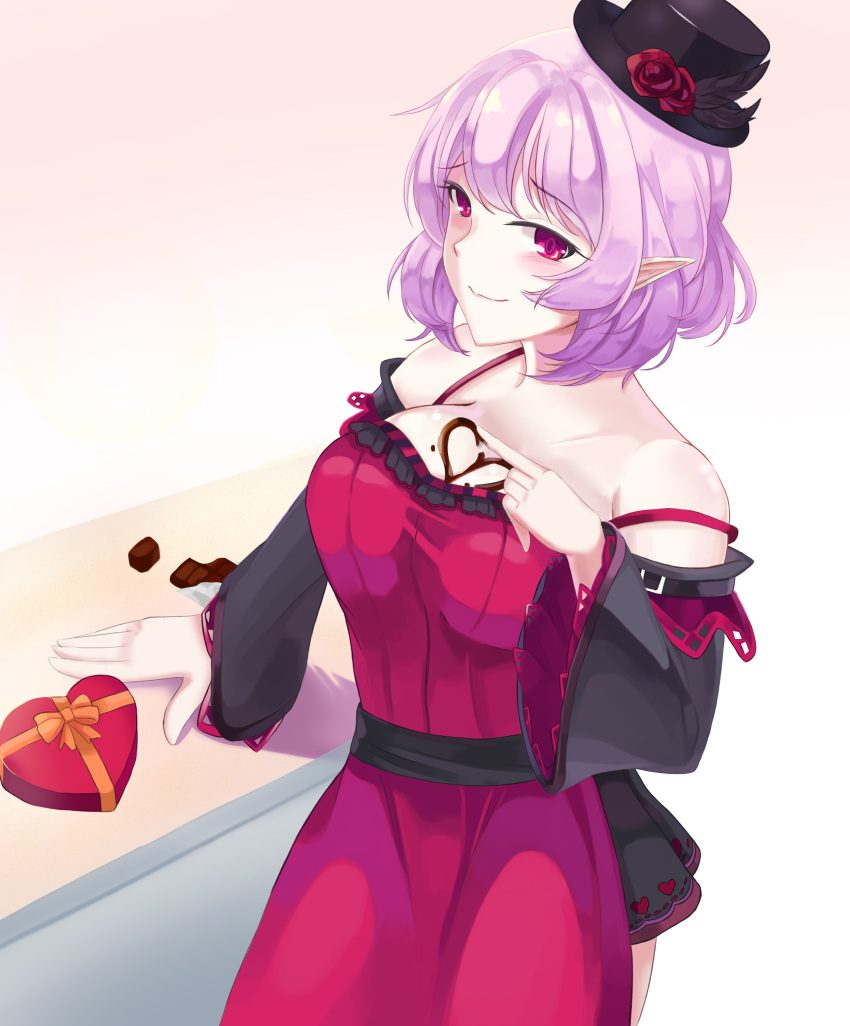 1girl absurdres bare_shoulders blush breasts chocolate chocolate_heart commentary dress elf eyebrows_visible_through_hair flower hair_between_eyes hat hat_flower heart highres huge_breasts jm289600 looking_at_viewer lucid maplestory pink_eyes pink_hair pointy_ears short_hair smile solo valentine