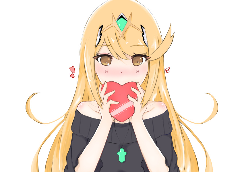 1girl absurdres bangs bare_shoulders black_shirt blonde_hair blush breasts casual casual_suit eyebrows_visible_through_hair gem hair_ornament headpiece heart highres mythra_(xenoblade) jewelry large_breasts long_hair looking_at_viewer mxsoundtube nintendo shirt shy simple_background smile solo swept_bangs tiara valentine very_long_hair white_background xenoblade_(series) xenoblade_2 yellow_eyes